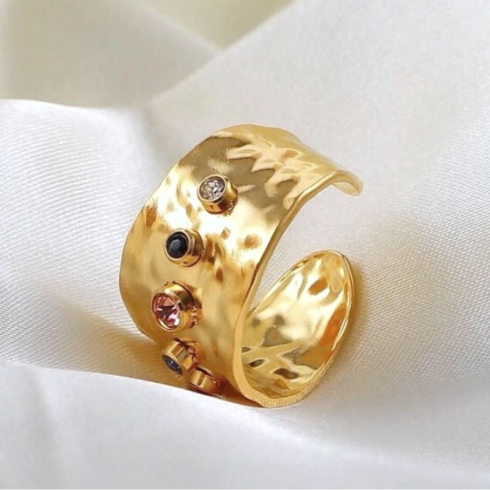 New 18KG FP Cubic Zirconia Rainbow Textured Gold Plated Open Cuff Cocktail Ring - Picture 12 of 15